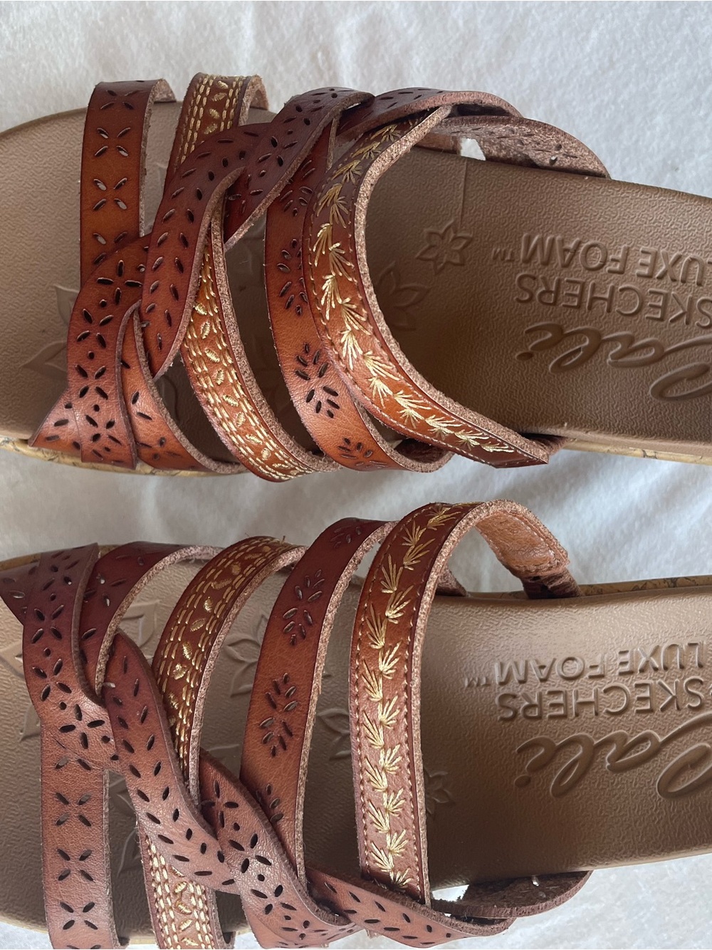 Skechers Cali Luxe Foam Brown Leather Strappy Cork Wedge Sandals Sz 8